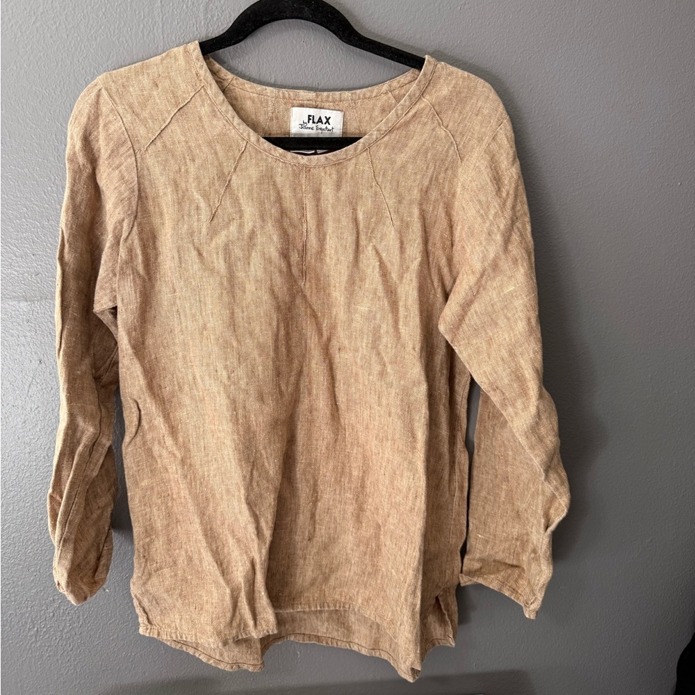 Flax Tan Longsleeve 100% Linen Top Small